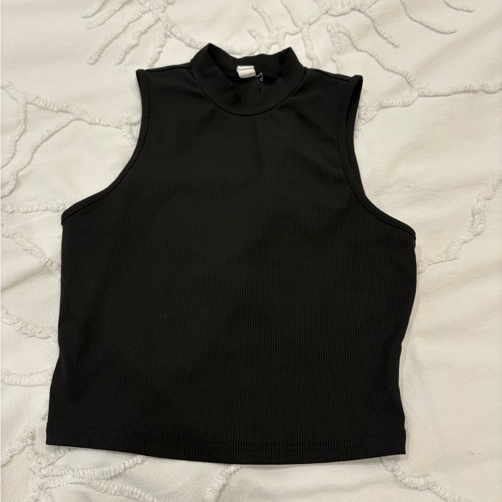 Black Sleeveless Mock Neck Ribbed Tank Top
